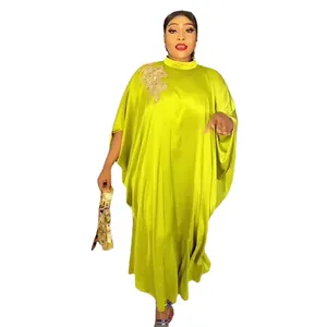 Elegant African ethnic lime green kaftan dress with high collar and floral applique
