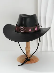 Detailansicht eines schwarzen PU-Leder-Cowboyhuts mit rosa Perlenblumen-Stickband