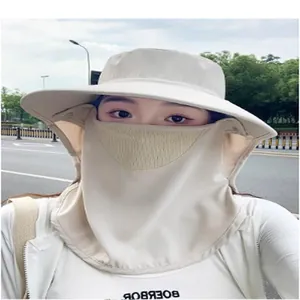 Breathable beige UV protection sun hat for women with integrated mask and neck flap