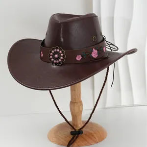 Vintage Cowboyhut aus braunem PU-Leder mit Blumenstickerei und rosa Perlendetails.