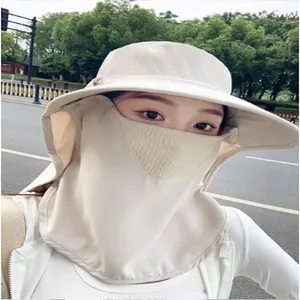 Full coverage sun hat with integrated face mask and neck flap for outdoor protection.