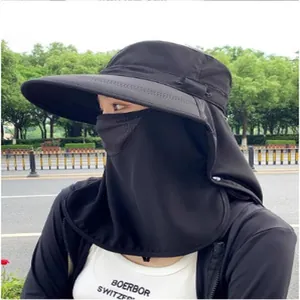 Detail view of a women's sun hat featuring a breathable face mask and neck protection.