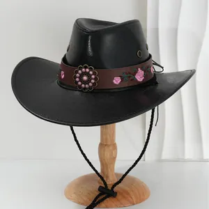 Eleganter Cowboyhut aus schwarzem Kunstleder mit Blumenstickerei und Perlenband