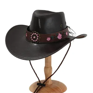 Vintage Westernhut aus PU-Leder mit Blumenstickerei und rosa Perlen