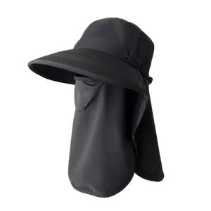 Premium black full-coverage sun protection hat with breathable face mask and neck flap.