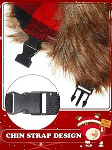 Detail of a red plaid trapper hat featuring a secure black plastic chin strap buckle