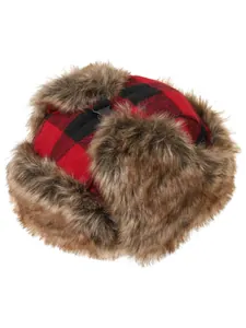 Detailed view of a red and black plaid trapper hat with soft brown faux fur lining
