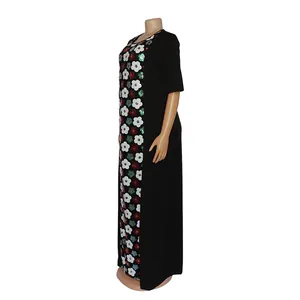 African women's black maxi robe dress with floral sequin embroidery patchwork details