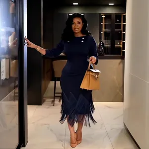 Elegant navy blue bodycon midi dress featuring a stylish fringe hem and decorative buttons.