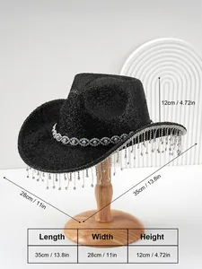Detailed size chart and dimensions of black glitter cowboy hat with rhinestone fringes