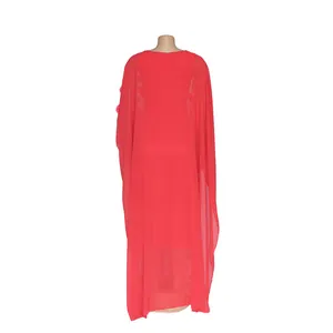 Back view of a red African maxi dress with 3D floral details on a mannequin