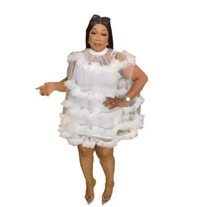 Elegant white tiered ruffle mesh puffy dress for women dance performance gala
