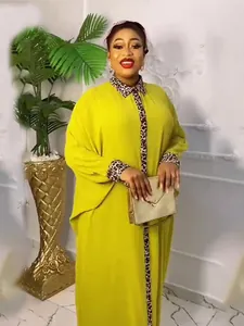 Elegant lime green African maxi shirt dress featuring stylish leopard print accents and loose fit