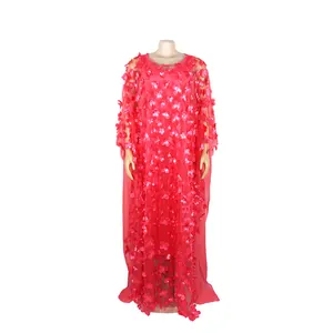 Élégante robe longue africaine rouge avec broderie florale 3D et fond de robe