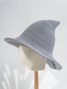 Detailed view of the grey knitted texture on this stylish pointed witch cosplay hat.