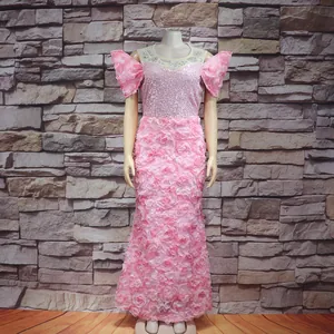 Elegantes rosa afrikanisches Abendkleid mit 3D-Blumenstickerei und Paillettenoberteil