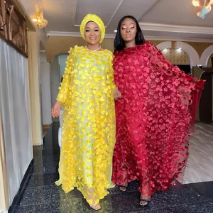 Robe longue africaine grande taille élégante avec broderie florale 3D et superposition