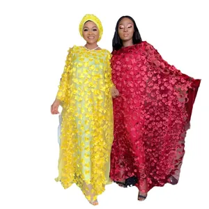 Robe élégante africaine pour femme avec broderie florale 3D et gilet intérieur long