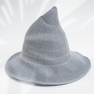 Elegant grey minimalist knitted pointed witch hat perfect for Halloween costume parties