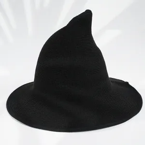 Solid black knitted pointed witch hat for women, perfect for Halloween cosplay parties
