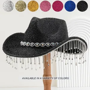 Western Wide Brim Polyester Rhinestone Tassel Cowboy Hat Shiny Crystal Fringe Cowgirl Hat For Party Stage Carnival