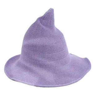 Purple knitted pointed witch hat with wide brim for Halloween cosplay and party costume