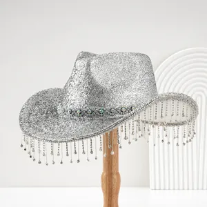 Glamorous silver glitter cowboy hat featuring heavy rhinestone fringe for party and stage wear