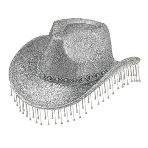 Silver glitter cowboy hat featuring heavy rhinestone fringe and sparkling trim for festival party