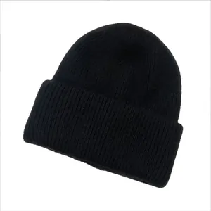 Bonnet d'hiver noir tricoté de qualité supérieure avec revers épais pour temps froid