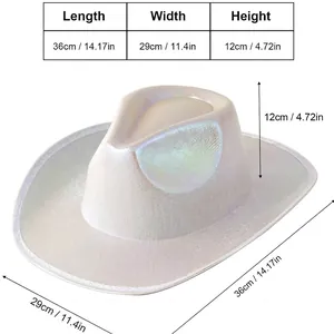 Weißer irisierender Cowboyhut mit Maßen: 36 cm Länge, 29 cm Breite und 12 cm Höhe
