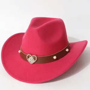 Vintage Women Western Cowboy Hat Polyester Felt Fedora Hat With Heart Rhinestone Pearl Belt Wide Brim Jazz Hat For Party Festival