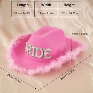 Pink bridal cowboy hat with BRIDE rhinestone and feather trim, size dimensions shown