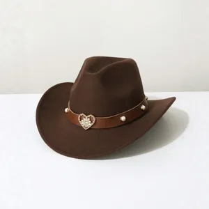 Vintage brown felt cowboy hat with heart rhinestone buckle and pearl stud decorative band