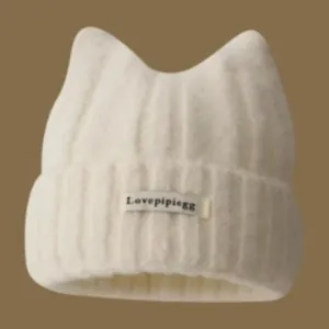 Cute Cat Ears Knit Beanie Hat For Women Korean Style Warm Winter Windproof Soft Thermal Ribbed Knit Skull Cap Outside Warm Plush Ear Protection Cap