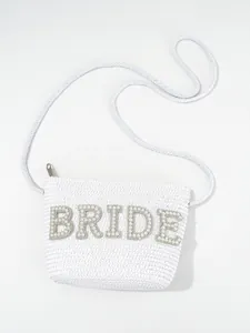 Elegant white woven straw bride crossbody bag with pearl and rhinestone letters for wedding