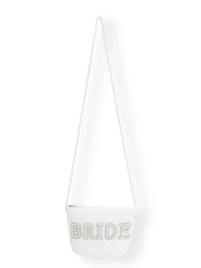 Detailed view of the woven texture and pearl 'BRIDE' lettering on a white straw bag.