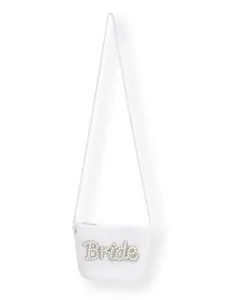 Close-up detail of white woven bride crossbody bag featuring pearl and rhinestone letters