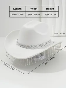 Elegant white cowboy hat with rhinestone heart band and sparkling tassel fringe detail