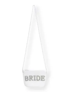 Detailed macro view of the white woven bride crossbody bag featuring shiny rhinestone letters