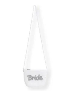 Detailed view of white woven crossbody bag for brides featuring sparkling rhinestone letters
