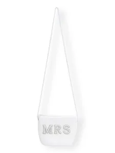 Close-up of white woven bridal crossbody bag with pearl and rhinestone MRS lettering