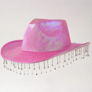 Cappello da Cowboy Neon Iridescente per Donna Con Lunghe Frange di Strass Metallo Western Performance Party Disco Cappello