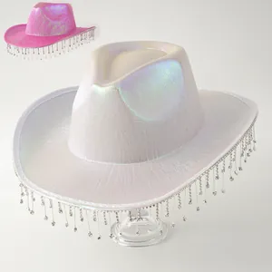 Cappello da cowboy neon iridescente con lunghe nappe di strass per spettacoli di danza