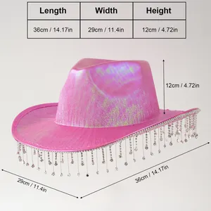 Cappello da cowboy rosa neon scintillante con frange di strass e guida alle taglie