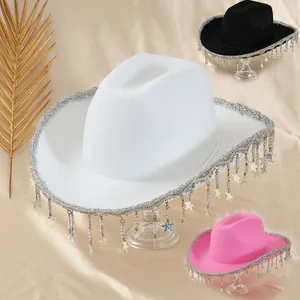 Damen Y2K Rosa Cowboyhut Mit Sternen Pailletten Quaste Perlenfransen Western Cowgirl Fedora Hut Für Party Bühne Performance