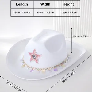 Eleganter weißer Damen-Cowboyhut mit rosa Paillettenstern und irisierenden Fransen