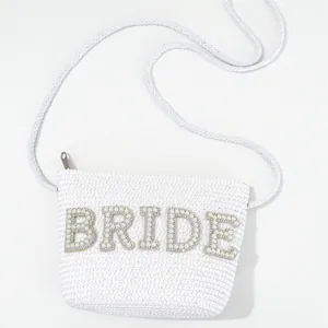 Women Woven Straw Crossbody Bag With Artificial Pearl Rhinestone Bride Letters For Wedding Vacation Party Bridesmaid Gift Handbag