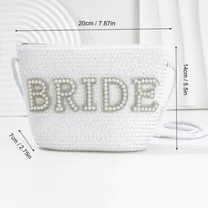 White woven bride crossbody bag with pearl rhinestone BRIDE lettering and dimensions