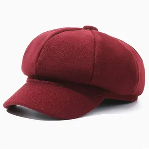 Stylish wine red woolen octagonal newsboy cap for autumn and winter outdoor wear