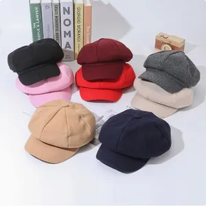 Classic solid color wool newsboy octagonal caps for men and women autumn winter